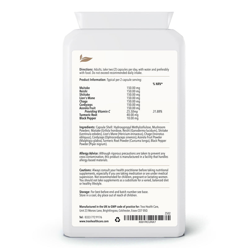Troo Health Care Mushroom Complex 120 Capsules - 6 Shrooms with Acerola, Turmeric & Black Pepper - Maitake, Reishi, Shiitake, Chaga, Cordyceps, Lion's Mane - Soil Association Certified