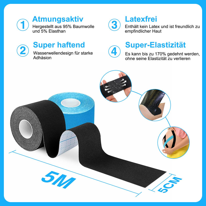 [Australia] - AnjoCare Kinesiology Tape (Uncut), Elastic Therapeutic Sports Tapes for Muscles and Joints, Physio Tape for Shoulder, Ankle, Elbow and Knee Support (2 Rolls 5M x 5CM) Blue + Black Uncut (Blue + Black) 