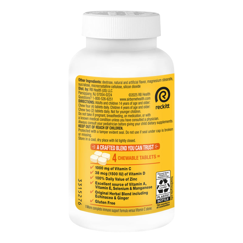 Airborne Vitamin C 1000mg (per Serving) - Citrus Chewable Tablets (96 Count in a Box) - Packaging May Vary | Antioxidants Vitamins A, D & E + Zinc, Selenium, and Manganese, Herbal Blend, Multivitamin Supplements, Immune Health, Tasty 96 Count (Pack of 1)