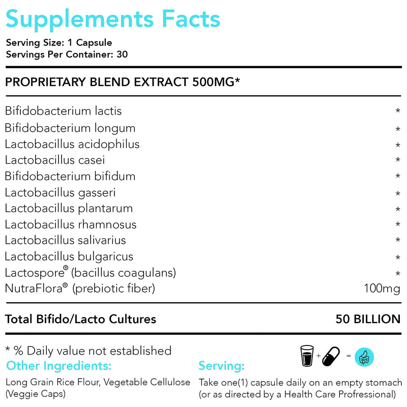 Probiotics 50 Billion - 11 Strain Live Probiotic Prebiotic for Men & Women - Best to Support Digestive & Immune Health. with Lactobacillus Gasseri - Guaranteed Potency to Expiration 30 Count (Pack of 1)