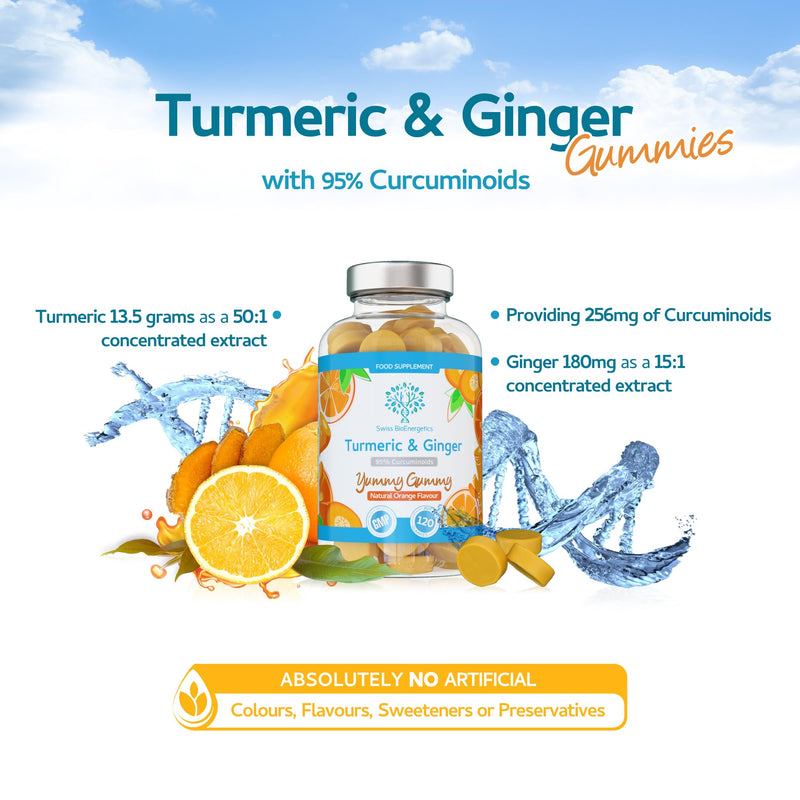 Turmeric Curcumin Gummies with Ginger - 120 Natural Orange Flavour Juicy Yummy Gummies – with a Huge 95% curcuminoids, Vegan & Gelatin Free – 2 Month Supply for Men, Women & Children – Made in the UK 120 Gummies
