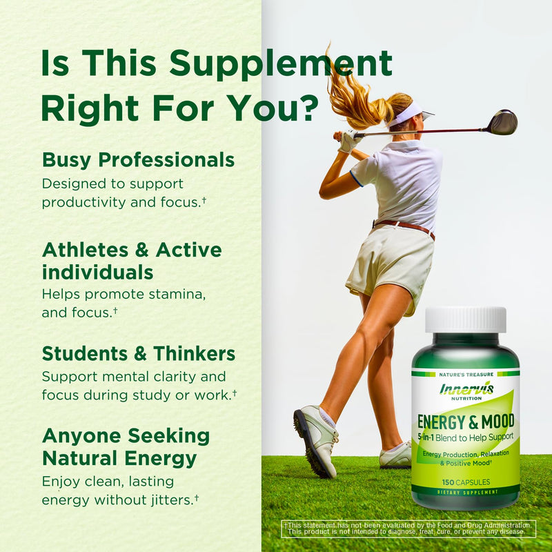 Energy & Mood Supplement – Boost Energy & Reduce Fatigue, Support Relaxation – 150 Capsules – Non-GMO, 3rd Party Tested – Innervis Nutrition 150 Count (Pack of 1)