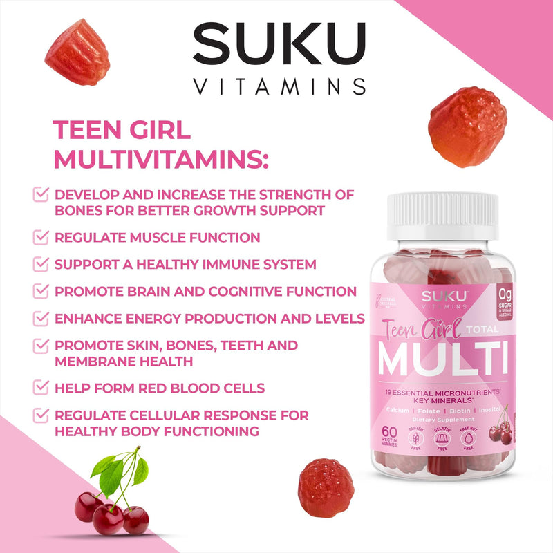 SUKU Teen Girl Multivitamin Gummies – Vitamins A, B12, C, D3, E, Biotin & Zinc – Sugar-Free Vegetarian Supplement for Skin, Energy, Immune & Bone Health – Cherry Flavor – 60 Count 60 Count (Pack of 1)
