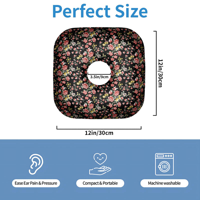 [Australia] - Ear Piercing Pillow with Ear Hole for Side Sleeper Relief Ear Pain,Cotton and Polyester Ear Pillows,Washable Ear Guard Pillow Black Flower One Size 