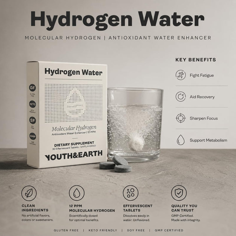 Youth & Earth Molecular Hydrogen Tablets, Primary Supplement for Cell Health Support, Antioxidant-Rich, Effervescent Form, 30 Count, Vegan