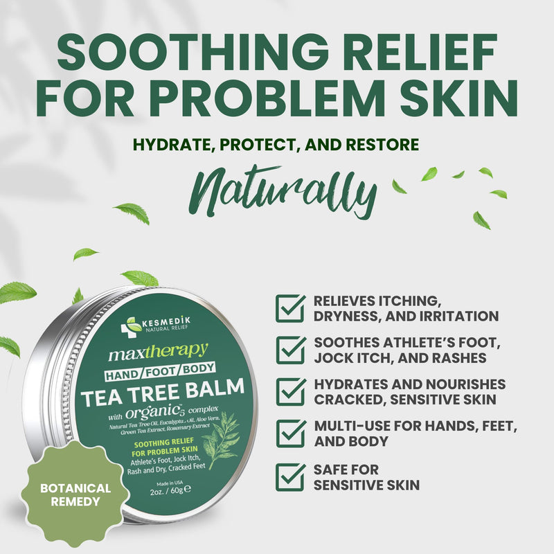 KESMEDIK Tea Tree Oil Balm for Skin, Soothes Itching, Rashes & Dry Skin, Antifungal Defense for Athlete’s Foot, Jock Itch, Chafing, Bug Bites & Eczema, Natural, Effective & Safe for All Ages, 2-Pack 2 Ounce (Pack of 2)