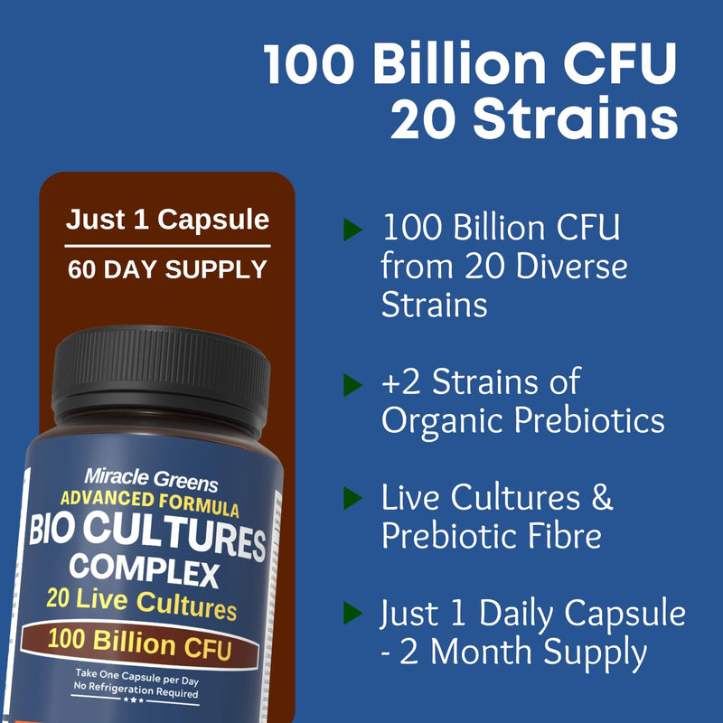 100 Billion CFU Probiotics - 20 Strains + Prebiotics | Digestive & Gut Health - for Good Gut Flora, Gas and Bloating | Scientifically Proven Probiotics for Women & Men | Made in UK – 2 Month Supply