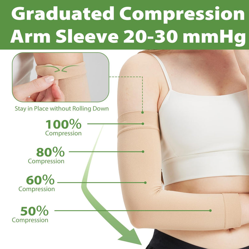[Australia] - Compression Lymphedema Arm Sleeves for Women, 20-30 mmHg Full Arm Support for Swelling Recovery Circulation Beige Large 