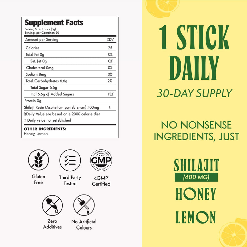 [Australia] - Pure Himalayan 400mg Shilajit Honey Sticks for Men & Women Health - Lemon Flavor | Pack of 30 Premium Energy Sticks | 75%+ Fulvic Acid | 85+ Trace Minerals | Gut Friendly & Immune Support 30 Count (Pack of 1) 