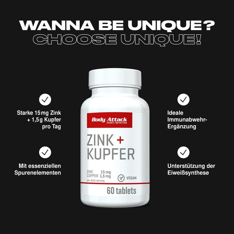 [Australia] - Body Attack Zinc + Copper 60 capsules / 60 portions, high-dose micronutrients, 15mg zinc & 1.5mg copper, high-quality purity, coordinated ingredients, vegan, Made in Germany 
