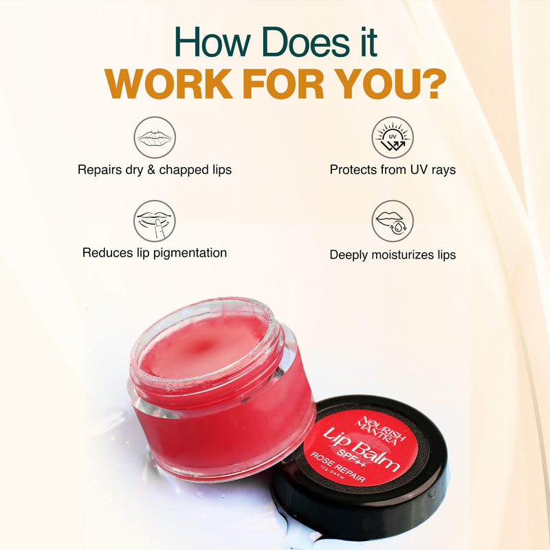 Nourish Mantra - Rose Repair Lip Balm with SPF | Made with Rose Extracts, Olive oil, Shea Butter, Vitamin E and Avocado Oil | For Dry, Chapped and Dark Lips | Best for Both Women and Men | 12g