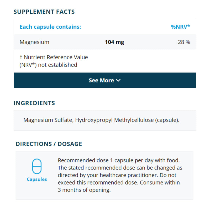 Magnesium Sulfate – 90 Vegan Capsules | 104mg Elemental Magnesium per Capsule | Supports Energy, Muscle, Nerve & Bone Health | Additive-Free | UK Made | Metabolics