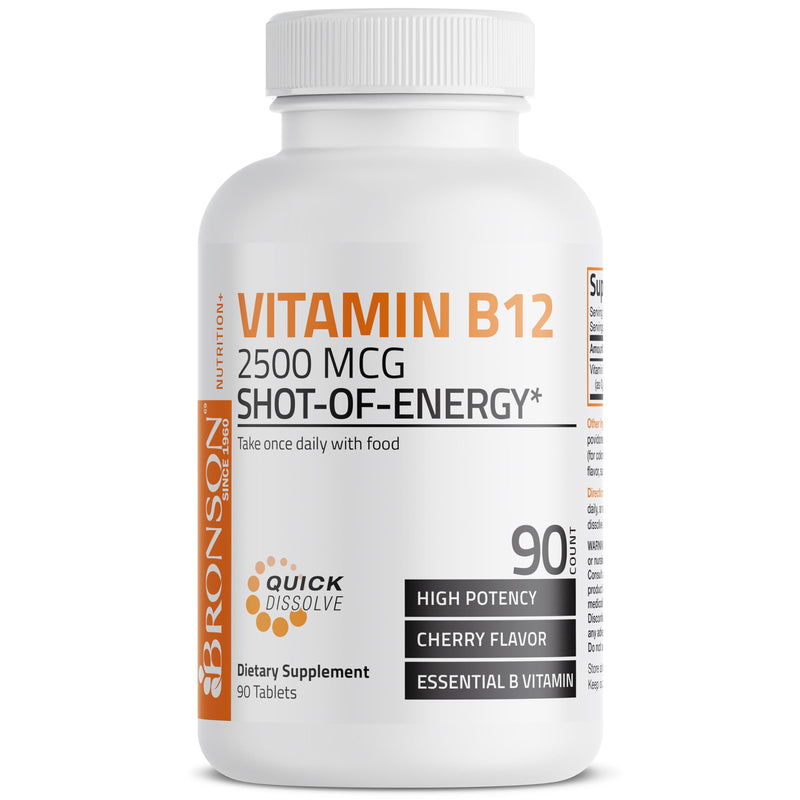 Bronson Vitamin B12 2500 mcg Fast Dissolve Sublingual Cherry, 90 Tablets | B12 as Cyanocobalamin, Supports Energy Metabolism, Red Blood Cell Formation, Nerve & Brain Function 90 Count (Pack of 1)
