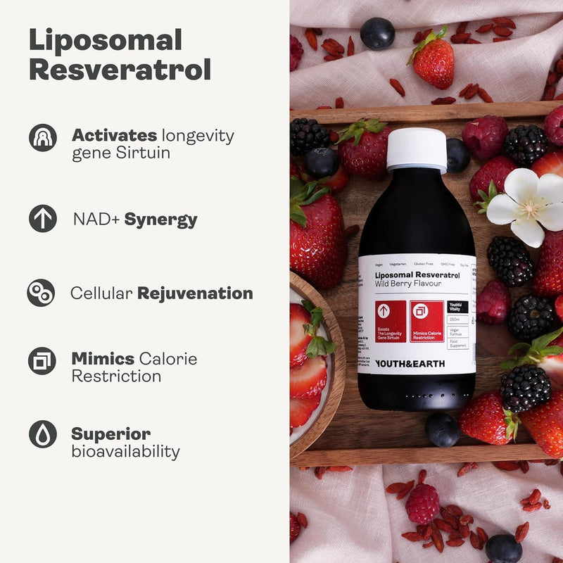 Youth & Earth Liposomal Resveratrol 200mg - Liquid Resveratrol Supplements for Sirtuin Activation, Anti-Aging & Cellular Health with NAD+ Boosters, NMN or NR - Wild Berry Flavor - 250ml