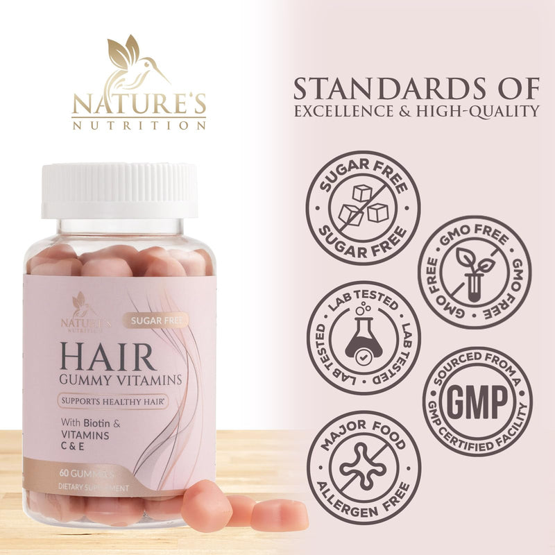 Hair Vitamins Gummies - Sugar Free Hair Growth Support Gummy with Biotin 5000 mcg Per Serving, Vitamin A, B12, C, D, E, Folic Acid - Supports Strong Beautiful Hair and Nails, Vegetarian - 60 Gummies 60 Count (Pack of 1)