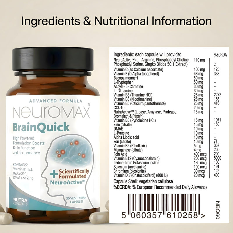 BrainQuick, Brain Support, Vegetarian Supplement 30 Capsules – Made in UK, Natural Cognitive Support for Memory, Focus, Mental Clarity with NeuroActive, Vitamin B1 B3 B5 CoQ10 DMAE and Zinc