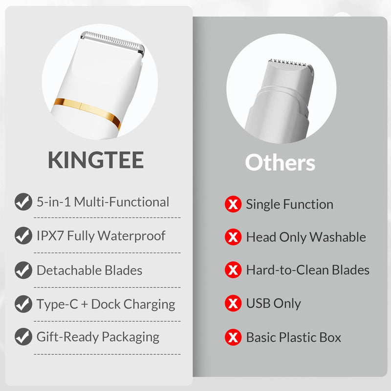KINGTEE 5-in-1 Electric Bikini Trimmer for Women – IPX7 Waterproof Shaver, Cordless Body & Facial Razors for Women, Ceramic Blades, USB-C Rechargeable, Painless Hair Removal Kit (White) White