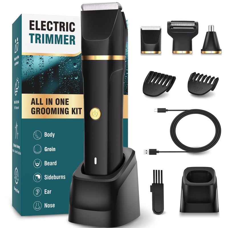 [Australia] - Intimate razor for men, 3-in-1 nose hair trimmer and razor for men, electric with standing charging station, wet and dry use, razor for men's intimate area for chest, legs, armpit, groin, nose, IPX7 black 
