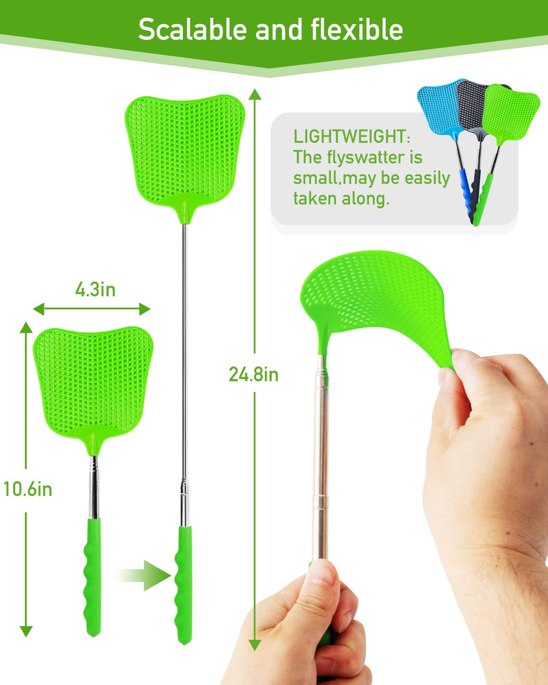 3 pcs Fly Swatter, Fly Swatter Plastic,Telescopic Fly Swatters, Large Bug Swatter That Work for Indoor and Outdoor. (Black Blue Green)