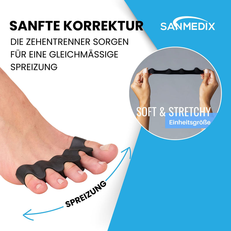 [Australia] - Sanmedix toe separators for all toes - 3 pairs / 6 pieces. Silicone toe separators for men and women - toe extension correction set against hallux valgus, bunions, hammer toes black 