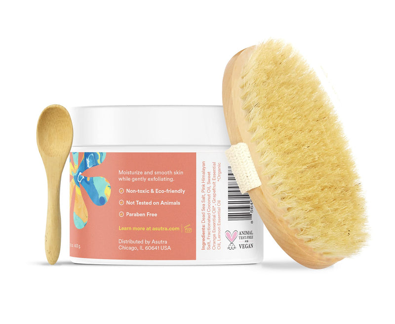ASUTRA Dead Sea Salt Essential Oil Body Scrub Exfoliator and Dry Brush | Bundle (Vitamin C), 16 oz - Ultra Hydrating, Gentle, & Moisturizing - Coconut, Sweet Orange, Grapefruit, and Lemon Oils Vitamin C with Dry Brush