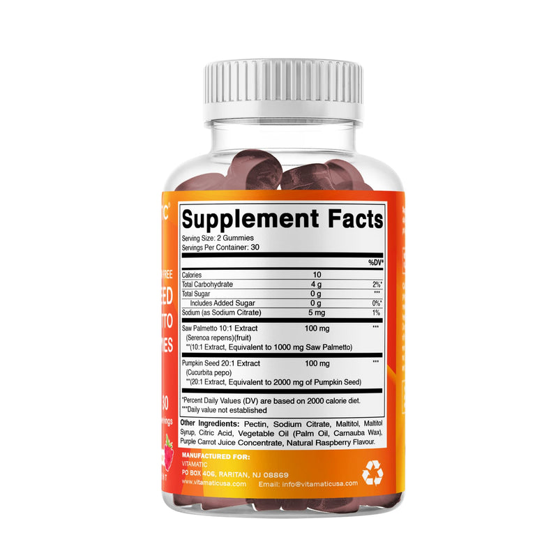 [Australia] - Vitamatic 2 Packs Sugar Free Pumpkin Seed Gummies- 3000 mg Equivalent Per Serving (from 20:1 and 10:1 Extract 200 mg) - Made with Saw Palmetto - Natural Raspberry Flavor - 60 Count 