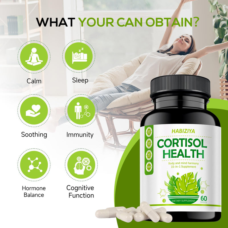 Cortisol Support Supplement with Magnesium Glycinate, L-Theanine, Ashwagandha, Phosphatidylserine,Rhodiola Rosea 15-in-1 Hormone Balance for Women Men Mood, Focus, Sleep Support 60 Capsules