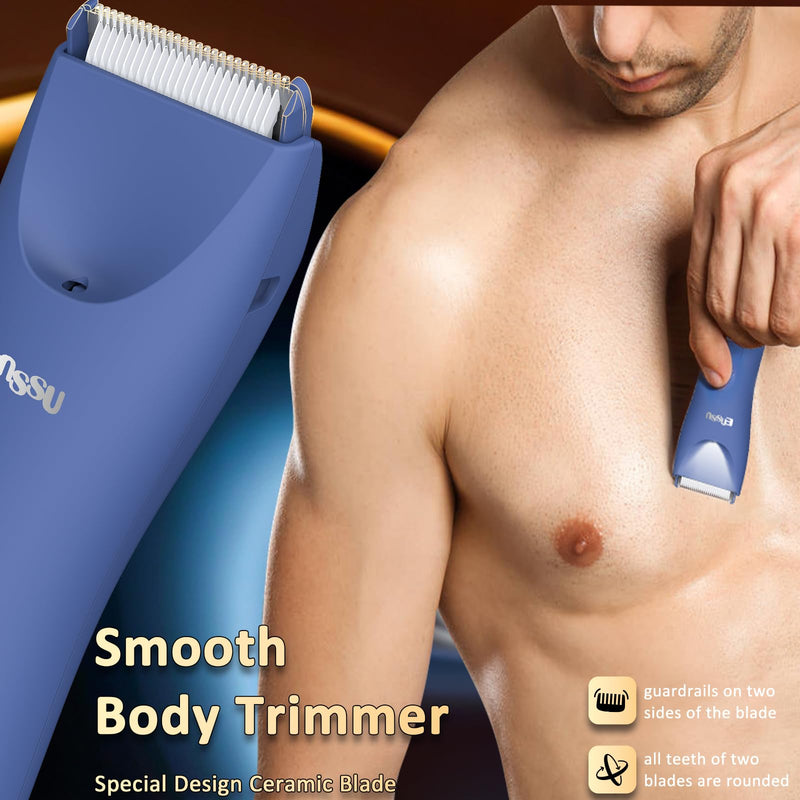 [Australia] - Body Hair Trimmer for Men with Light, IPX7 Waterproof Ball Pubic Groin Hair Trimmer for Man with Ceramic Blade, Rechargeable Body Groomer for Men with Charing Dock,LED Display,Blue Blue 