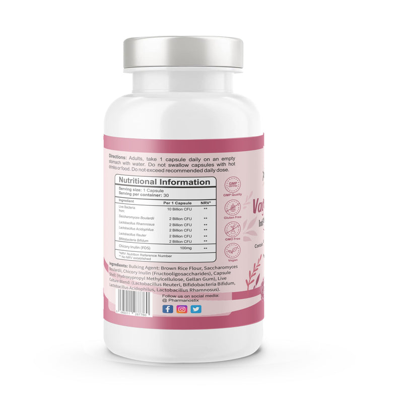 Pharmanostix Vaginal Balance 30 Capsules -10 Billions - L-rhamnosus, L-reuteri & Saccharomyces Boulardii- Friendly Active Bacterial Cultures Blend Providing Intimate Flora & UTI Support for Women - UK 30 count (Pack of 1)