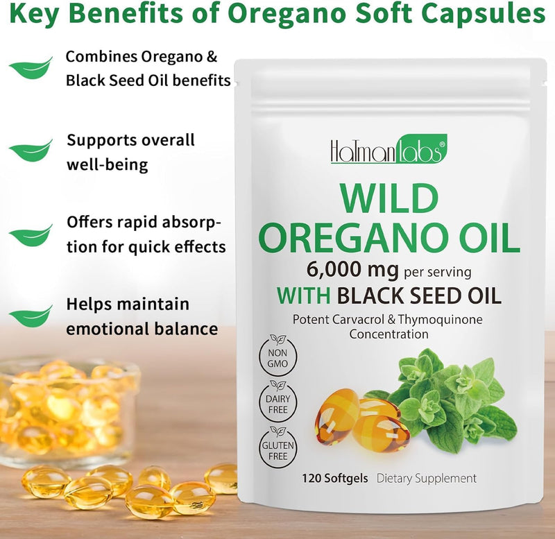 Oil of Oregano with Black Seed Oil, 2 in 1 6000mg Oregano Oil Capsules Organic,165mg Carvacrol, Easy to Swallow, Plant Based, Non-GMO, Gluten Free & Immune Support - 120Count
