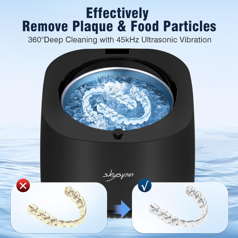 [Australia] - Ultrasonic Retainer Cleaner Machine U-V, 45KHz, 2 Modes Quiet, Denture Aligner Cleaner Dental Cleaning Pod Ultrasonic Cleaner for All Dental Appliances, Mouth Guard Jewelry 6.8oz Black 