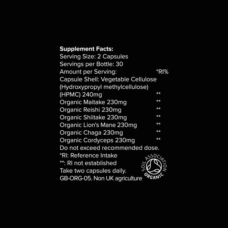 Organic 6 Mushroom Complex | Lion’s Mane Reishi Shiitake Maitake Chaga Cordyceps | Natural Focus Energy & Immune Support | Soil Association Organic | Vegan Non GMO Supplement | 60 Capsules | AETERNAL 60 count (Pack of 1)