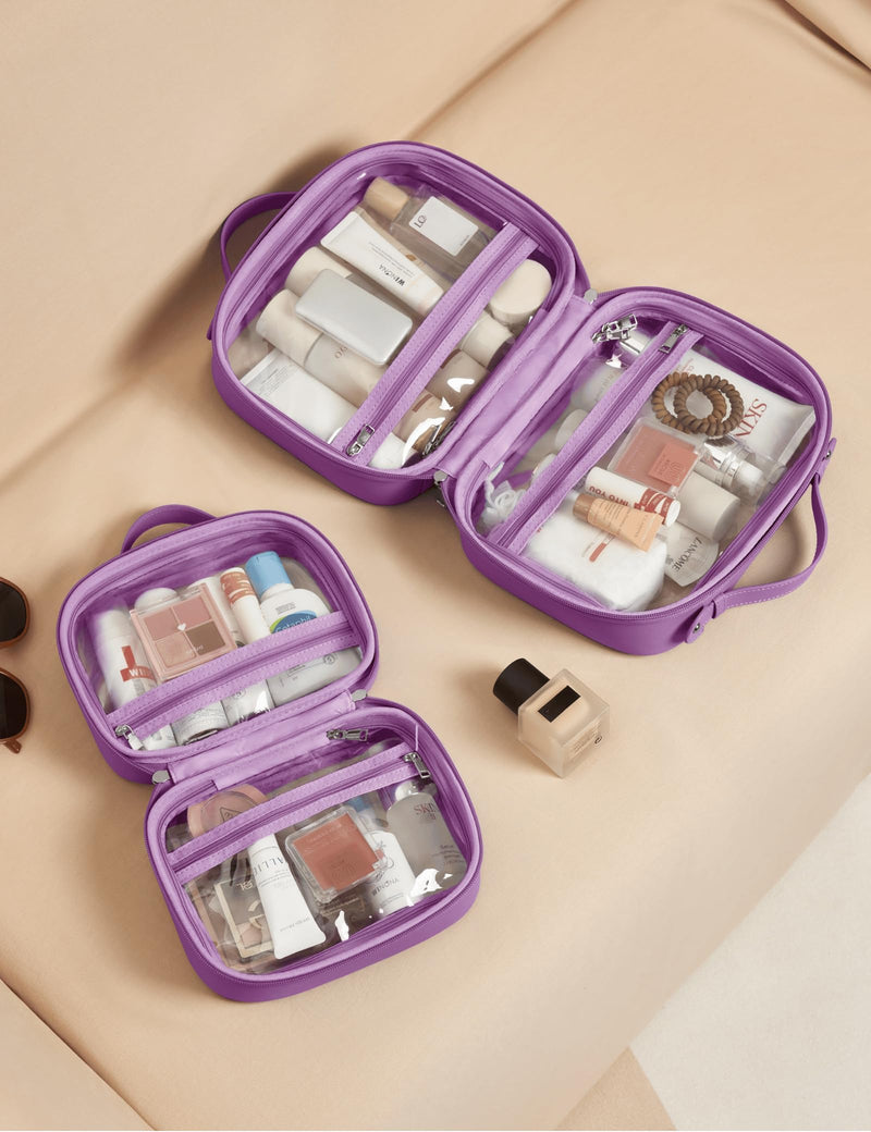 Clear Cosmetic Bag Double Layer Travel Toiletry Bag Clear Makeup Bag Case with 4 Compartments, Transparent Travel Bag for Toiletries, Large Toiletry Bag for Women Cosmetic Case (Purple, Large) Purple