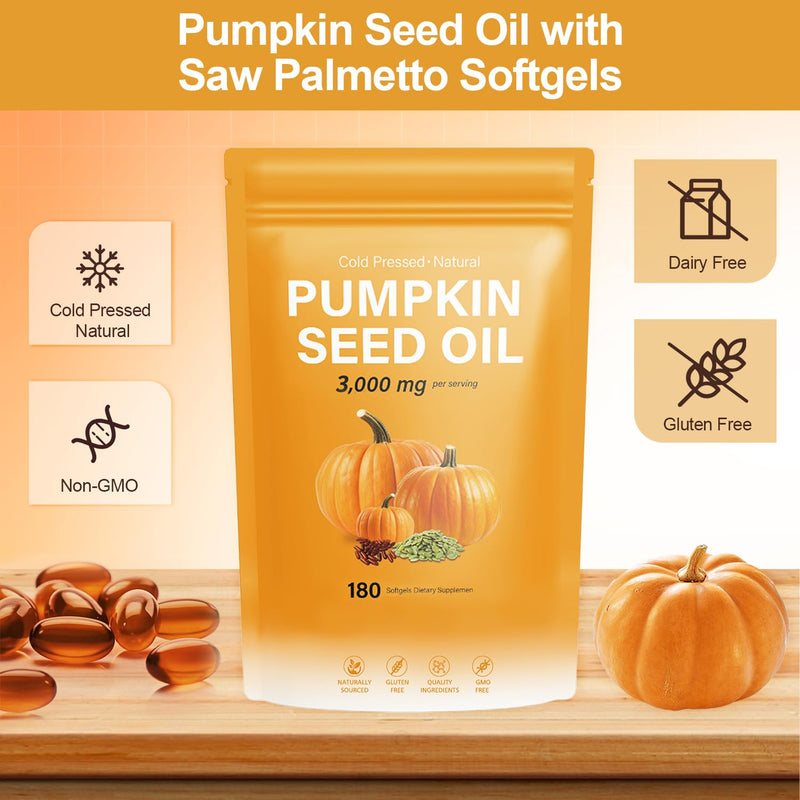 [Australia] - J-PRQ Pumpkin Seed Oil with Saw Palmetto- 180 Softgels - 3000mg -Cold Pressed - Pure Virgin Oil - Essential Fatty Acids & Phytosterols - Supports Hair - Urinary - Bladder & Prostate Health - Non-GMO 