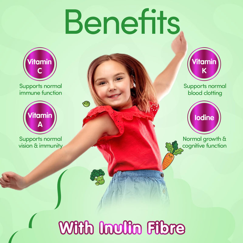 Kids 11-in-1 Vegetable Gummies | Daily Veg + Fibre | 2-Month Supply | Ages 5–12 | Sugar-Free Vegan | with Vitamins & Minerals | GummyUp+