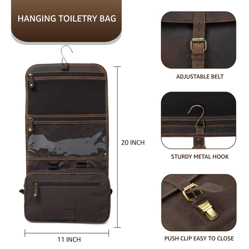 LEATHER VILLAGE Hanging Leather Toiletry Bag for Men, Dopp Kit, Brown | Genuine Buff Leather, 11X7 In Folded & 20X11 In Open, Ykk Zippers, Brass Hook,Water Resistant Canvas Lining, For Men & Women