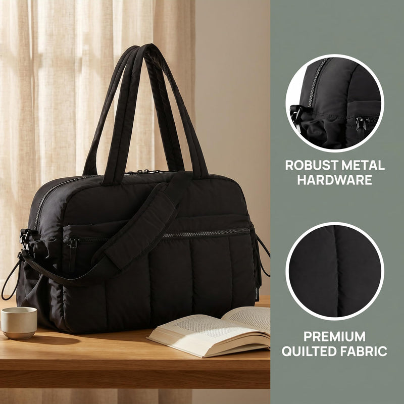Perphy Women Quilted Travel Duffel Bags with Detachable Shoulder Strap | Multiple organizer pockets. Drawstring side accents. Classic black finish 15.7 * 8.3 * 11.0 inches Black