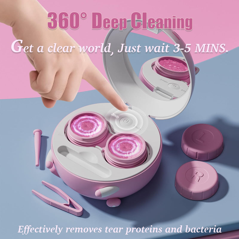 [Australia] - Cute Contact Lens Cleaner, Case Cleaning Machine with Solution Soak Case and Contact Lens Applicator Tool for Daily Vision Care, Travel Size (Pink) Pink 