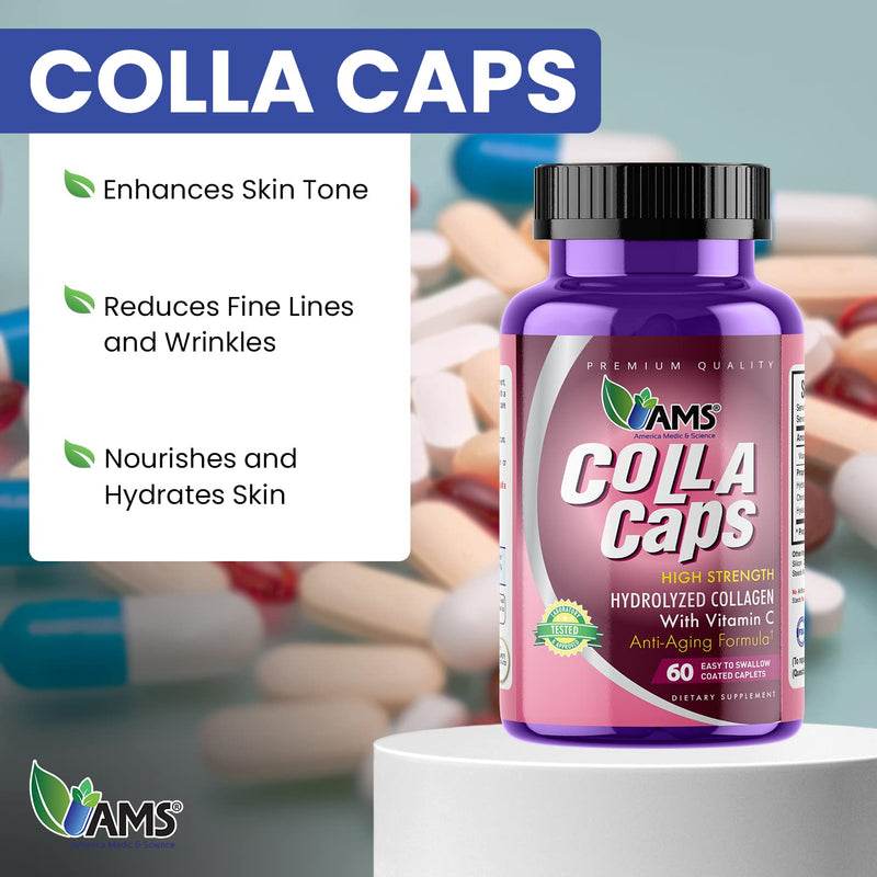 America Medic & Science Colla Caps (60 Caplets) | Collagen and Hyaluronic Acid Supplement with Vitamin C | for Men and Women | Repairs and Restores Skin Elasticity | Promotes Healthy Hair Growth 60 Count (Pack of 1)