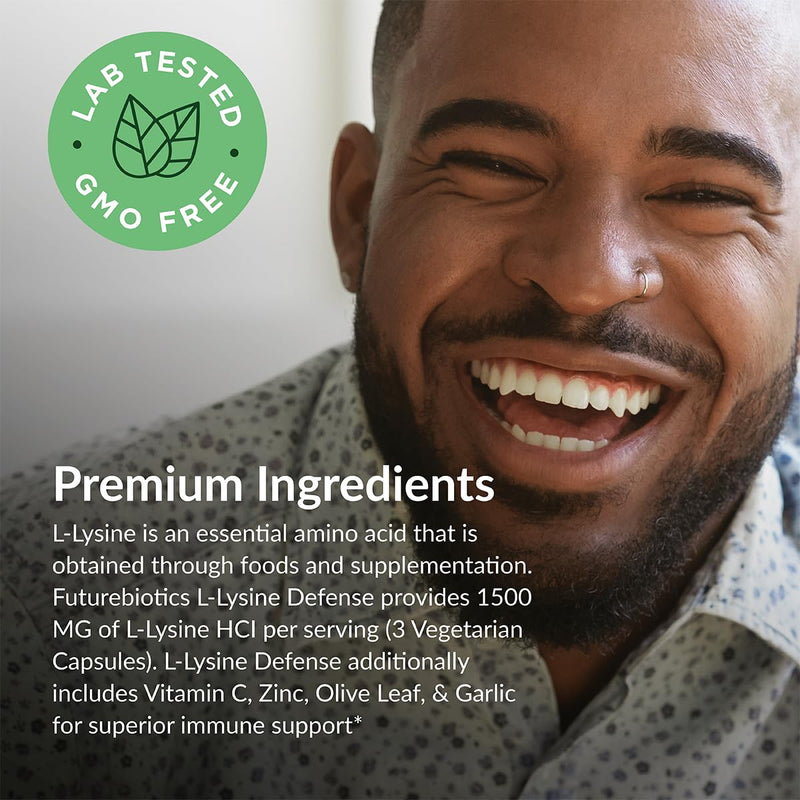Futurebiotics L-Lysine Defense Immune Support Complex 1500 MG Per Serving with Vitamin C, Zinc, Olive Leaf & Garlic - Non-GMO, 250 Vegetarian Capsules 250 Count (Pack of 1)