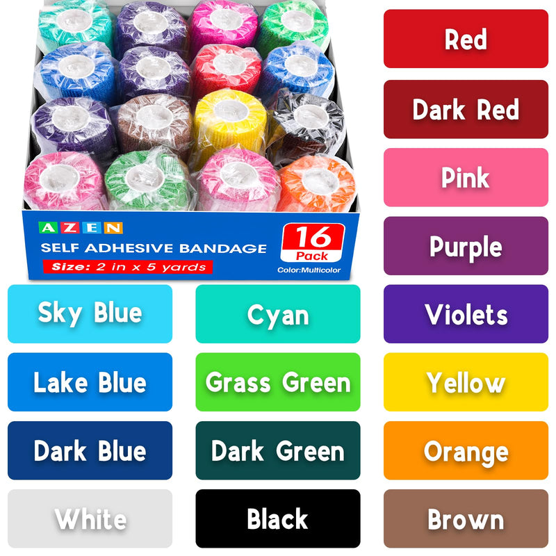 [Australia] - AZEN 16 Pack Self Adhesive Bandage Wrap, 2" X 5 Yards Elastic Cohesive Bandage Wrap, Color Athletic Tape, Vet Wrap, Ankle Tape, Tattoo Grip Tape Wrap B-16color 2IN 