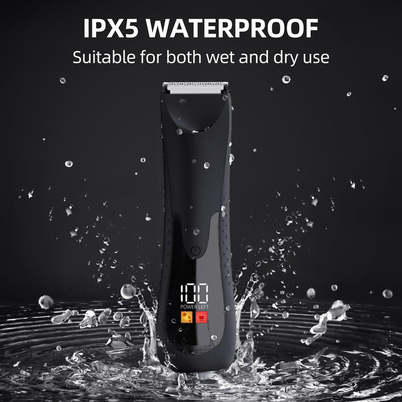 [Australia] - Groin Hair Trimmer - Electric Manscape Trimmer for Men, Waterproof Ball Trimmer for Pubic/Body/Groin Grooming with Ceramic Blade, LED Light, Charging Base Black 