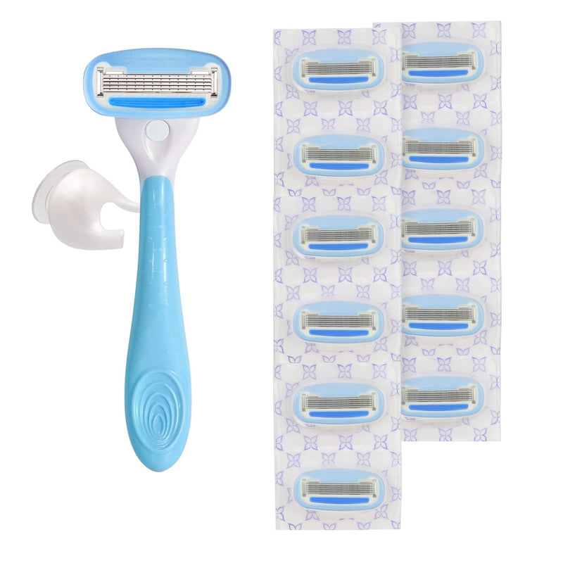[Australia] - Amazon Basics 5-Blade Razor Handle for Women, Includes 12 Cartridges and Shower Hanger, 14 Piece Set, Blue 12 Count (Pack of 1) 1 Razor, 1 Shower Hanger, 12 Refills 