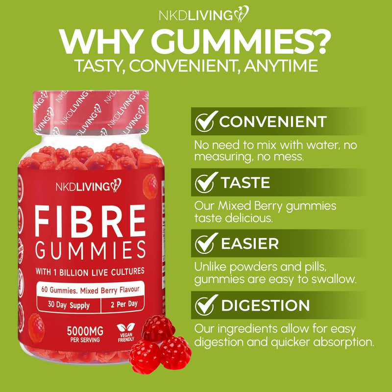 NKD Living High Fibre Inulin Gummies (60 Vegan Gummies) 5g of Fibre per Serving - with 1 Billion Live Cultures - Gut Health and Digestive System Support 1 count (Pack of 60)