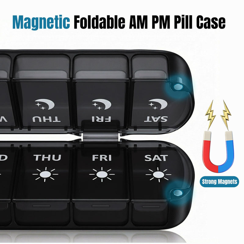 Weekly Pill Organizer 2 Times a Day, Magnetic Foldable AM PM Pill Box | Travel Medication Case, Dual Protection, Large Capacity, Can Hold Vitamins, Fish Oils, Supplements Black