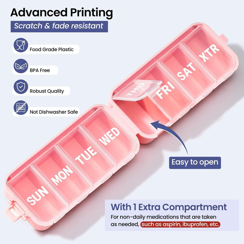Foldable & Portable Weekly Pill Organizer, Week Daily 7 Day Travel Pill Box | 1 Time A Day, with 1 Extra Compartment, Double Lock, Large Medicines Case Holder Dispenser for Med, Vitamin, Supplement, Pink