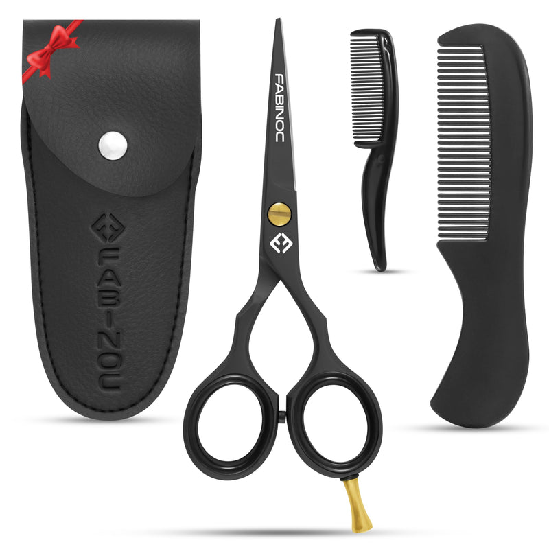 [Australia] - FABINOC® Professional 5" beard scissors for men with beard comb & bag - mustache, eyebrow, ear & nose hair scissors - German quality stainless steel black 