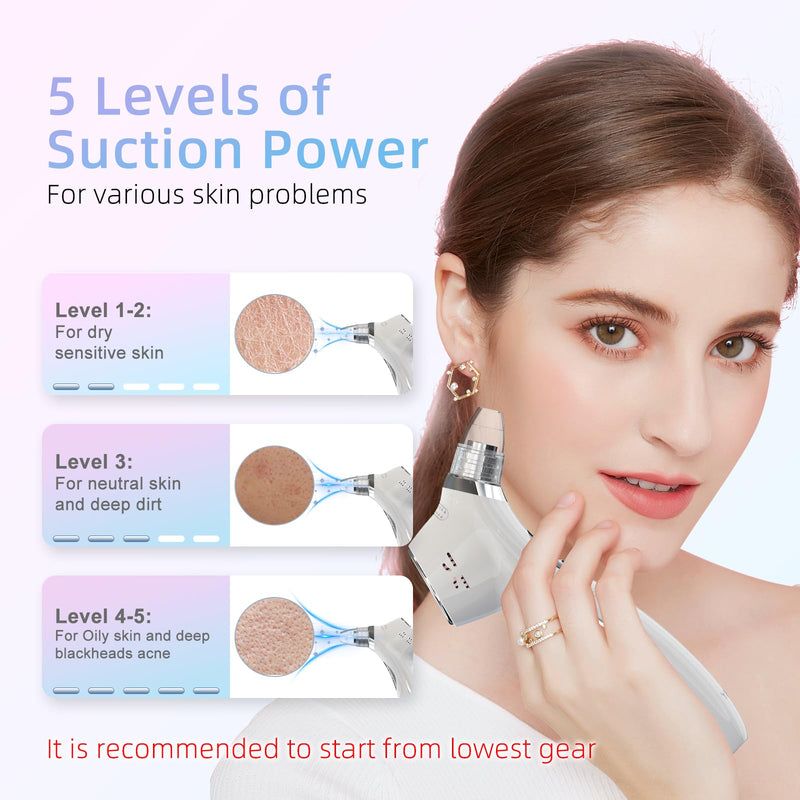 Blackhead Remover Vacuum Facial Pore Cleaner Electric Comedone Whitehead Extractor 5 Suction Probes and 5 Suction Levels Rechargeable Black Heads Remover Tools for Women & Men Facial Skin Care (white)