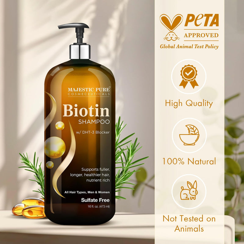 Majestic Pure Biotin Volumizing Shampoo - 16 Fl Oz | Ideal for Hair Loss - with DHT-3 Blocker - Hydrating & Nourishing - Sulfate Free, for Men & Women - Thin Hair Shampoo