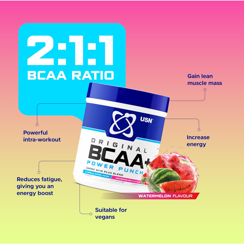USN Power Punch BCAA Amino Acids Powder, Watermelon Flavour - 400g, Vegan BCAA Powder, Vitamin B6 & No Sugar, Pre Workout or Intra Workout Energy Drink Mix & Dietary Supplement to Maximise Performance 36 Servings (400 g, Pack of 1)